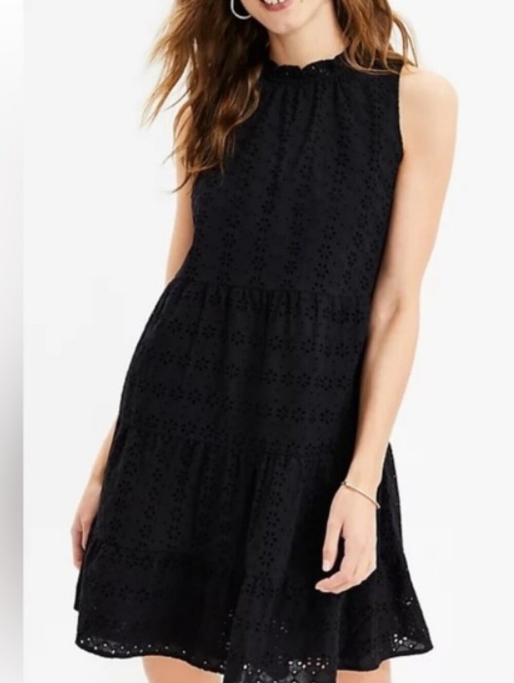 LOFT Black Sleeveless Tiered Eyelet Mini Dress